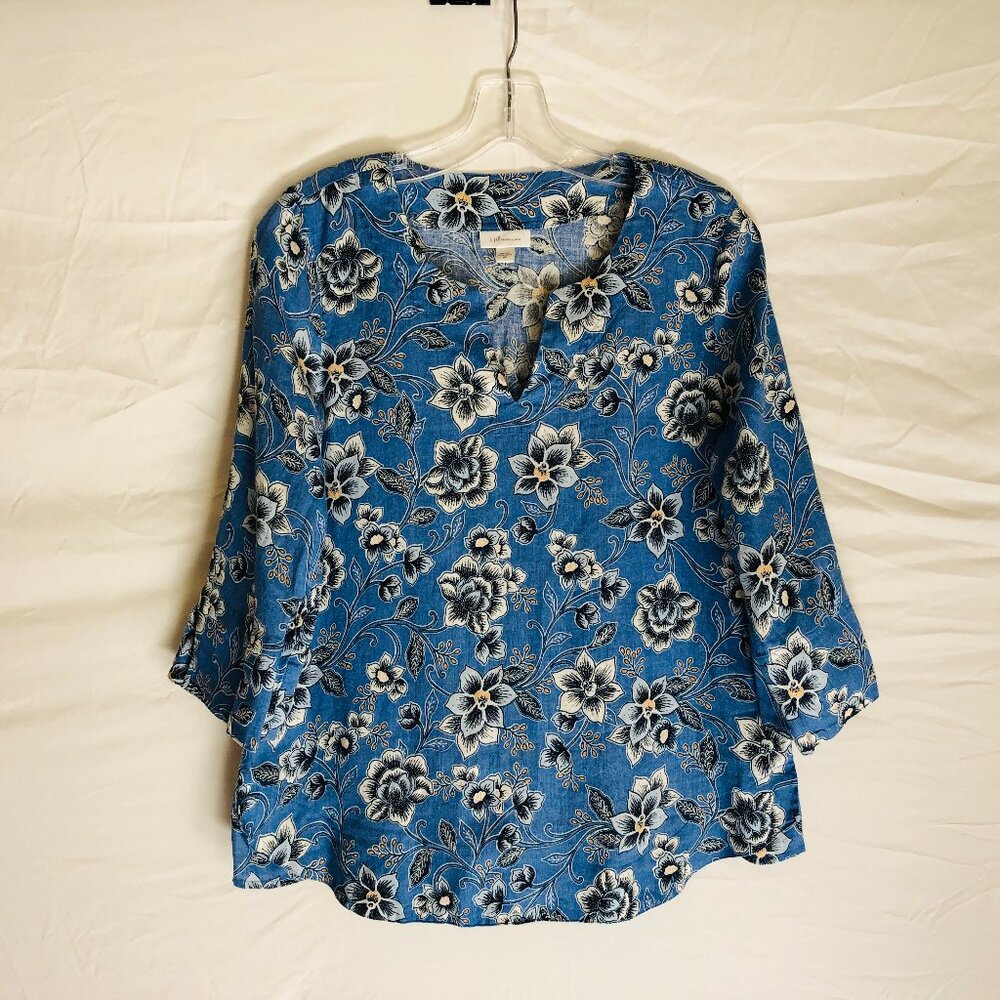 J. Jill Love Linen Women's Size XS Blue Floral Blouse Top